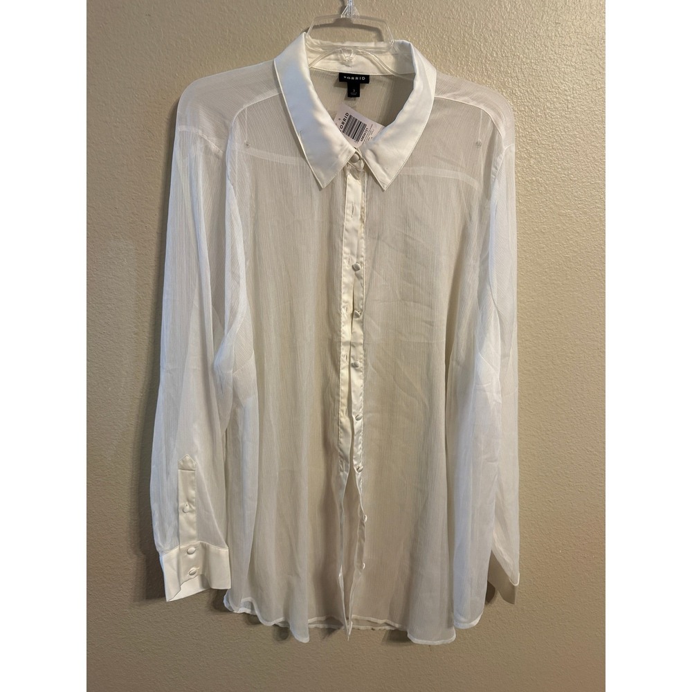 Torrid Sheer Chiffon Satin Button Up Shirt‎ White Plus Size 3